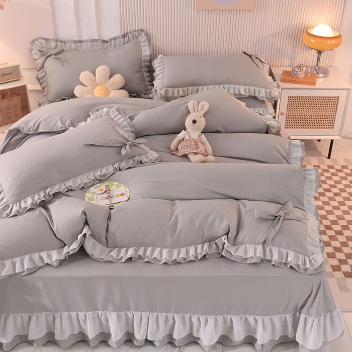 91家纺网 家纺一手货源 找家纺 后庭寝室 2025新款公主风亲肤磨毛蝴蝶结四件套-爱巢 爱巢-浅灰