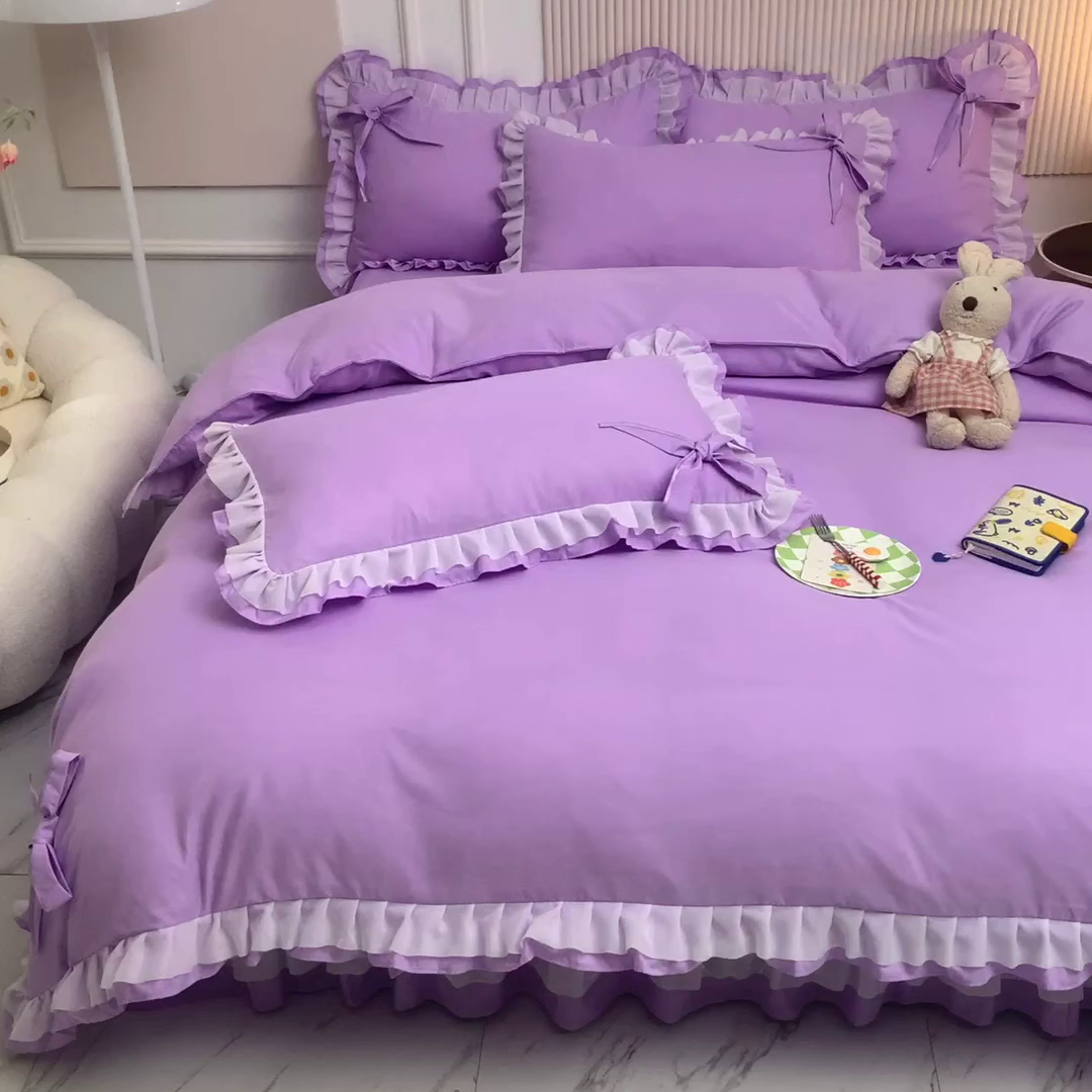 91家纺网 家纺一手货源 找家纺 后庭寝室 2025新款公主风亲肤磨毛蝴蝶结四件套-爱巢 爱巢-浅紫