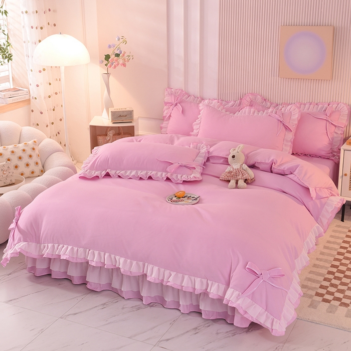 91家纺网 家纺一手货源 找家纺 后庭寝室 2025新款公主风亲肤磨毛蝴蝶结四件套-爱巢 爱巢-粉色