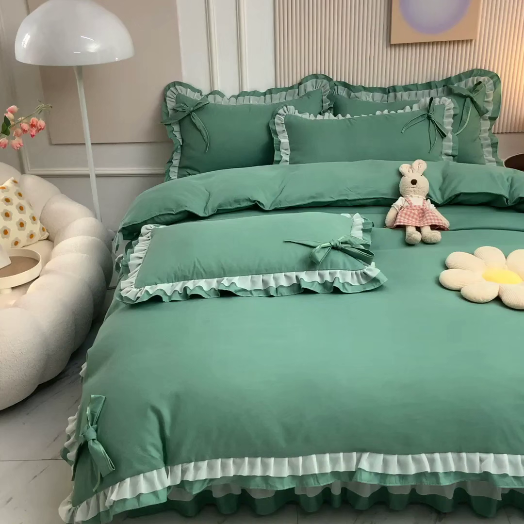 91家纺网 家纺一手货源 找家纺 后庭寝室 2025新款公主风亲肤磨毛蝴蝶结四件套-爱巢 爱巢-深绿