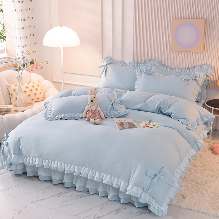 91家纺网 家纺一手货源 找家纺 后庭寝室 2025新款公主风亲肤磨毛蝴蝶结四件套-爱巢 爱巢-浅蓝