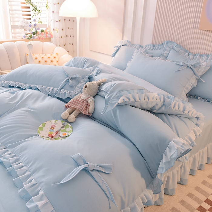 91家纺网 家纺一手货源 找家纺 后庭寝室 2025新款公主风亲肤磨毛蝴蝶结四件套-爱巢 爱巢-浅蓝