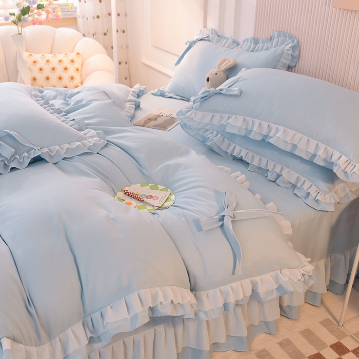 91家纺网 家纺一手货源 找家纺 后庭寝室 2025新款公主风亲肤磨毛蝴蝶结四件套-爱巢 爱巢-浅蓝