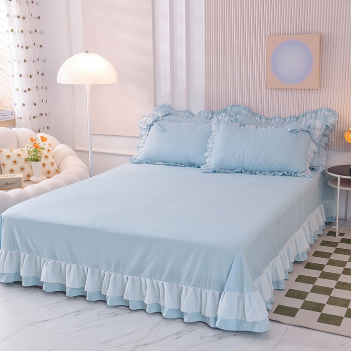 91家纺网 家纺一手货源 找家纺 后庭寝室 2025新款公主风亲肤磨毛蝴蝶结四件套-爱巢 爱巢-浅蓝