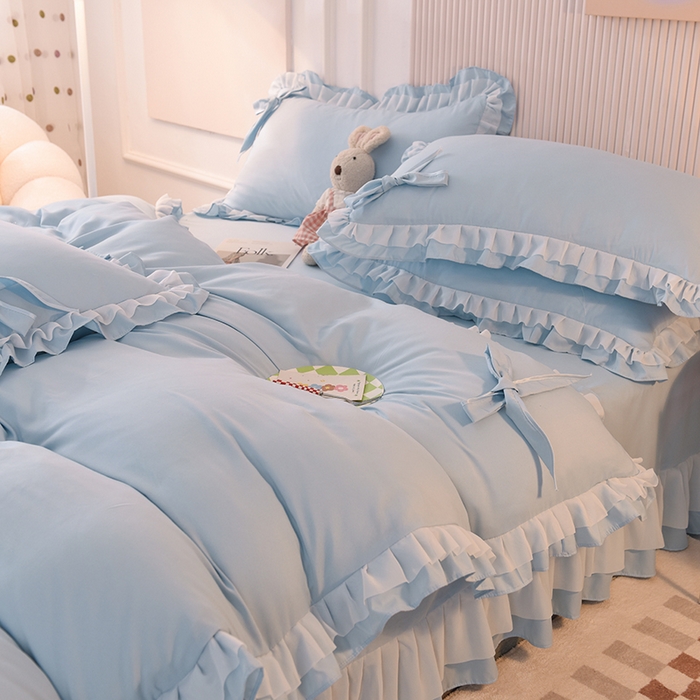 91家纺网 家纺一手货源 找家纺 后庭寝室 2025新款公主风亲肤磨毛蝴蝶结四件套-爱巢 爱巢-浅蓝