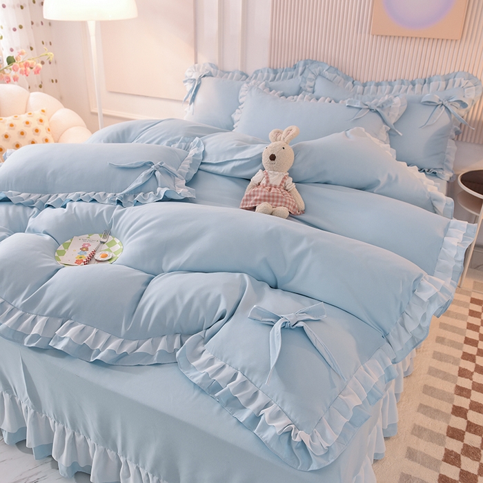 91家纺网 家纺一手货源 找家纺 后庭寝室 2025新款公主风亲肤磨毛蝴蝶结四件套-爱巢 爱巢-浅蓝