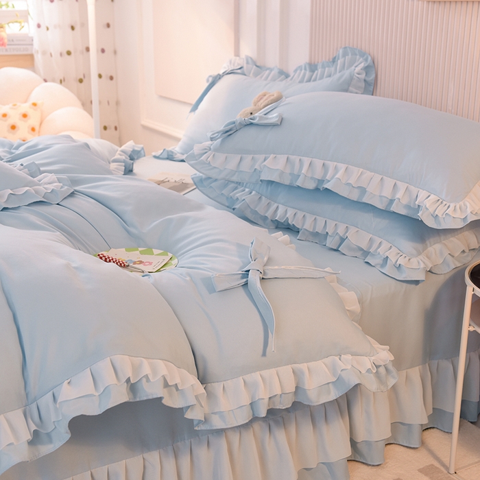 91家纺网 家纺一手货源 找家纺 后庭寝室 2025新款公主风亲肤磨毛蝴蝶结四件套-爱巢 爱巢-浅蓝