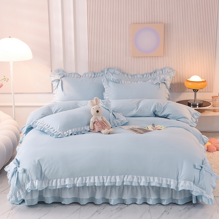 91家纺网 家纺一手货源 找家纺 后庭寝室 2025新款公主风亲肤磨毛蝴蝶结四件套-爱巢 爱巢-浅蓝