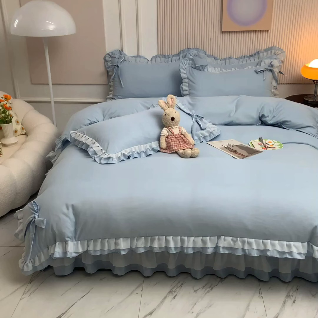 91家纺网 家纺一手货源 找家纺 后庭寝室 2025新款公主风亲肤磨毛蝴蝶结四件套-爱巢 爱巢-浅蓝