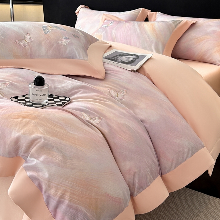 91家纺网 家纺一手货源 找家纺 博纳家纺 2025新款正宗3221纯棉磨毛全棉印绣拼角四件套-幻影 粉玉