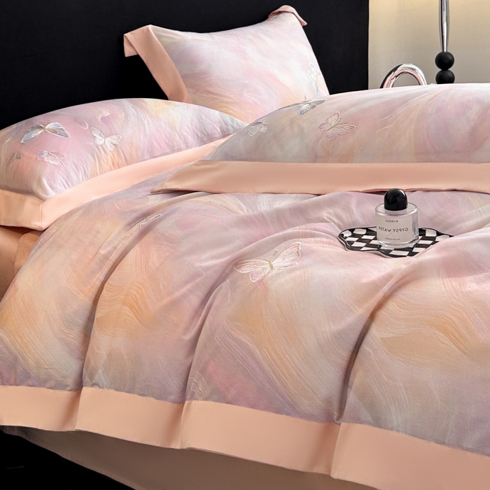 91家纺网 家纺一手货源 找家纺 博纳家纺 2025新款正宗3221纯棉磨毛全棉印绣拼角四件套-幻影 粉玉