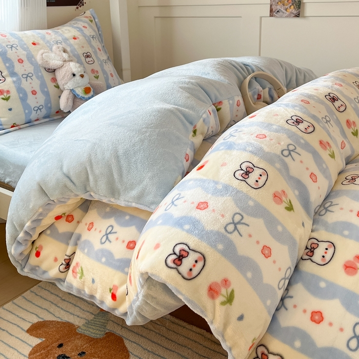 川悦生活 2025新款加厚保暖高克重牛奶绒宿舍三件套 心心蜜兔