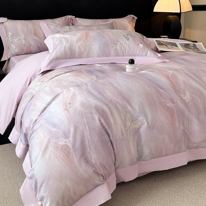 91家纺网 家纺一手货源 找家纺 博纳家纺 2025新款正宗3221纯棉磨毛全棉印绣拼角四件套-幻影 浅紫