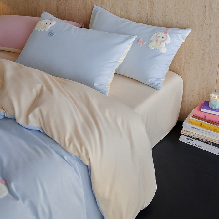 91家纺网 家纺一手货源 找家纺 风向标家纺 202新款贡缎磨毛60s绣花四件套-元气系列 蓝粉小象