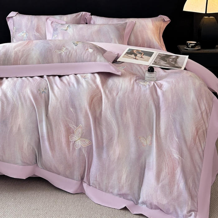 91家纺网 家纺一手货源 找家纺 博纳家纺 2025新款正宗3221纯棉磨毛全棉印绣拼角四件套-幻影 浅紫