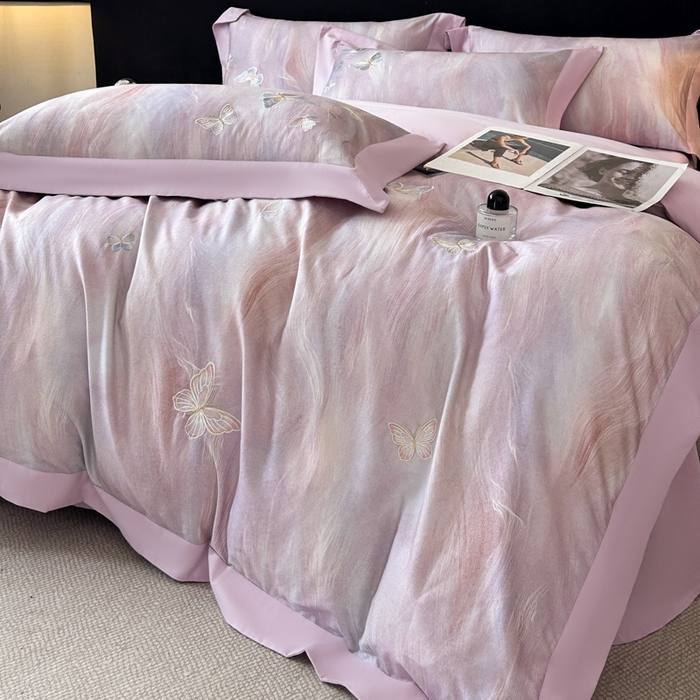 91家纺网 家纺一手货源 找家纺 博纳家纺 2025新款正宗3221纯棉磨毛全棉印绣拼角四件套-幻影 浅紫