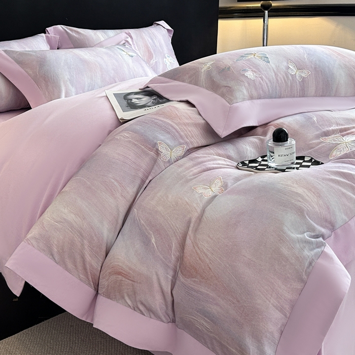 91家纺网 家纺一手货源 找家纺 博纳家纺 2025新款正宗3221纯棉磨毛全棉印绣拼角四件套-幻影 浅紫