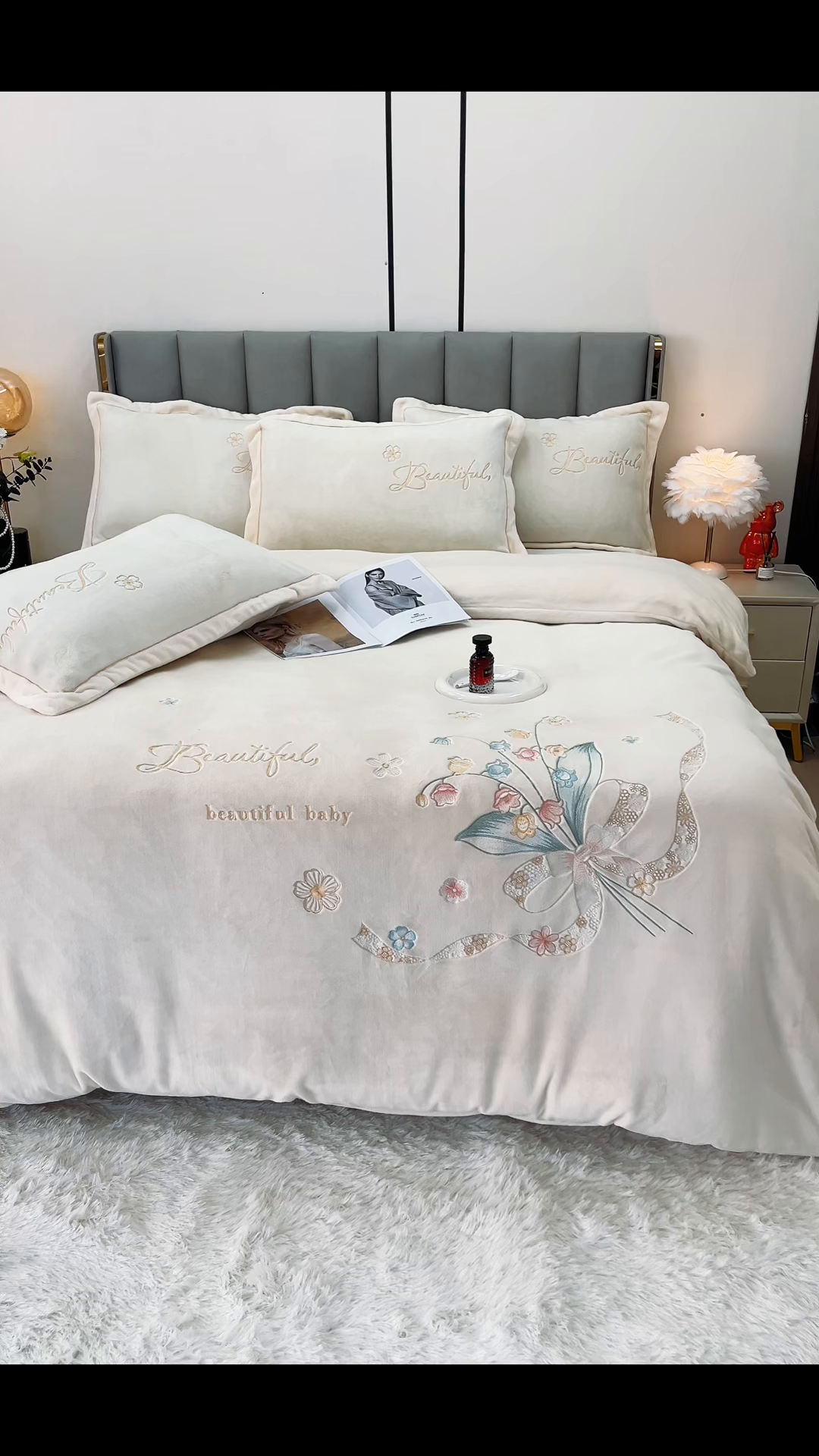 91家纺网 家纺一手货源 找家纺 鑫利来家纺 2025新款简约牛奶绒绣花四件套-铃兰系列 铃兰-奶白