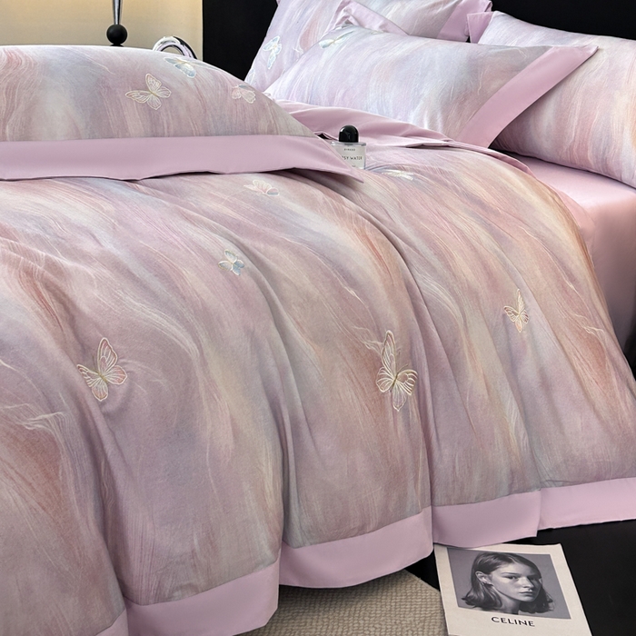 91家纺网 家纺一手货源 找家纺 博纳家纺 2025新款正宗3221纯棉磨毛全棉印绣拼角四件套-幻影 浅紫