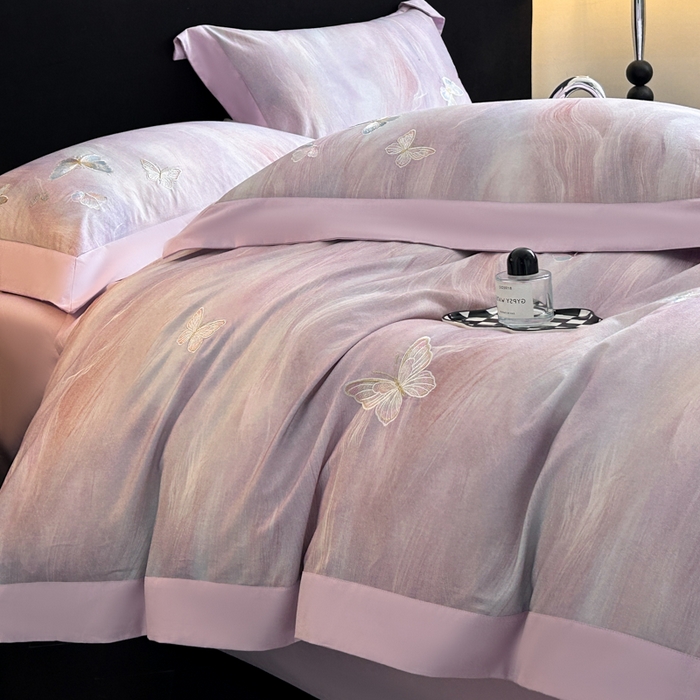 91家纺网 家纺一手货源 找家纺 博纳家纺 2025新款正宗3221纯棉磨毛全棉印绣拼角四件套-幻影 浅紫