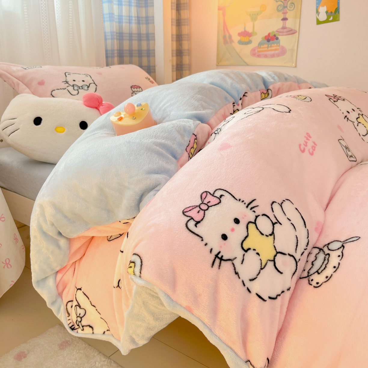 川悦生活 2025新款加厚保暖高克重牛奶绒宿舍三件套 星心小猫蓝