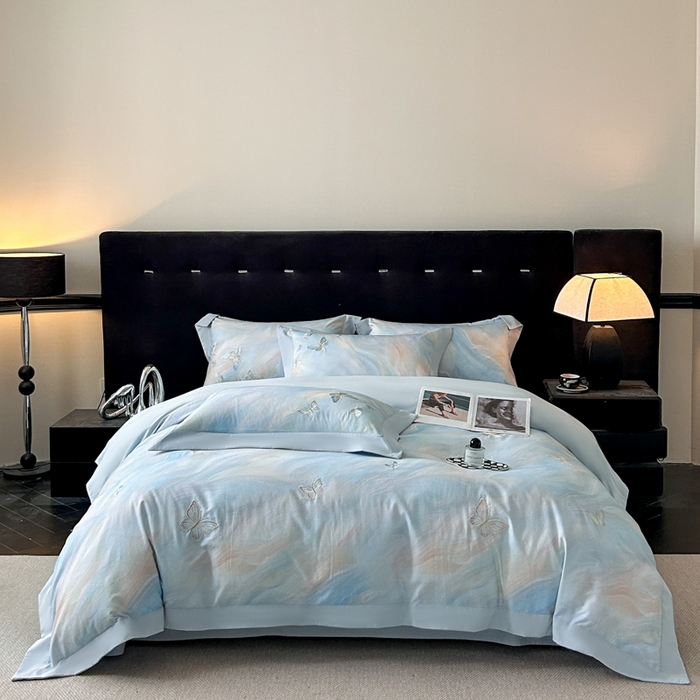 博纳家纺 2025新款正宗3221纯棉磨毛全棉印绣拼角四件套-幻影 天蓝