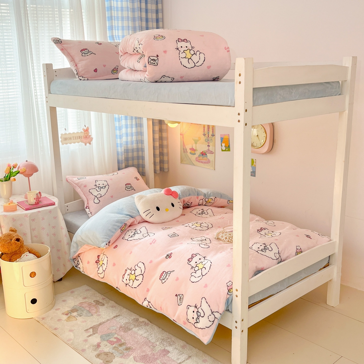 91家纺网 家纺一手货源 找家纺 川悦生活 2025新款加厚保暖高克重牛奶绒宿舍三件套 星心小猫蓝