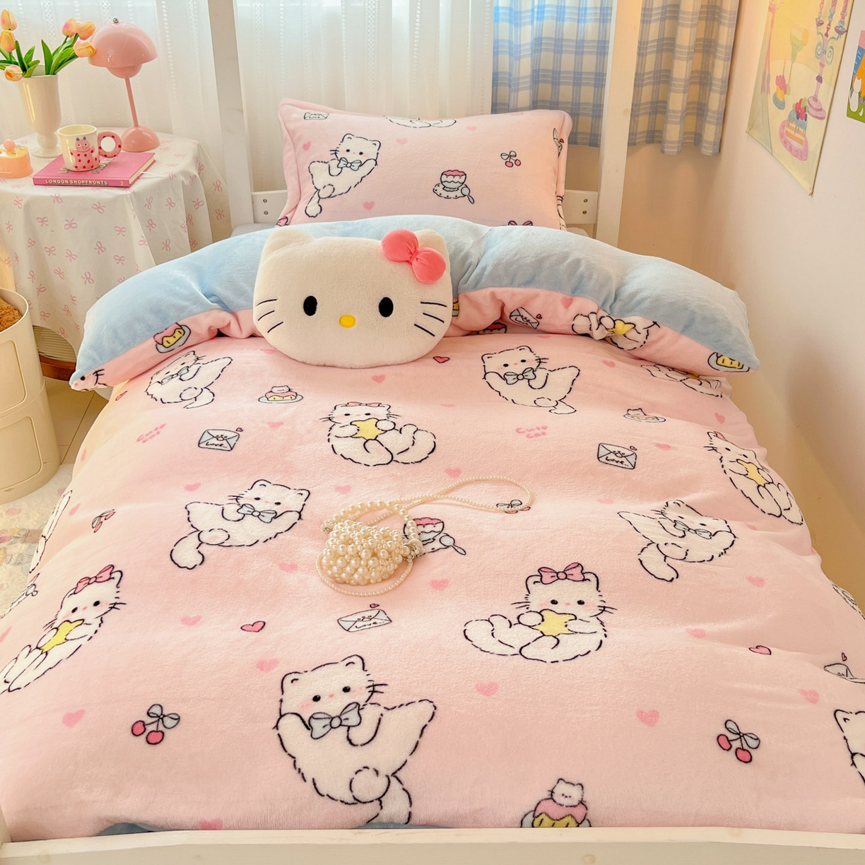 91家纺网 家纺一手货源 找家纺 川悦生活 2025新款加厚保暖高克重牛奶绒宿舍三件套 星心小猫蓝