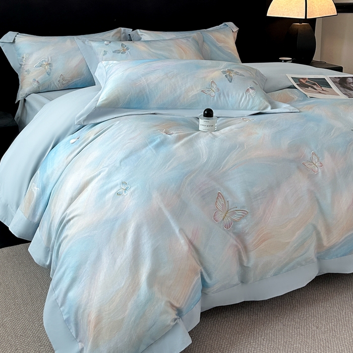 91家纺网 家纺一手货源 找家纺 博纳家纺 2025新款正宗3221纯棉磨毛全棉印绣拼角四件套-幻影 天蓝