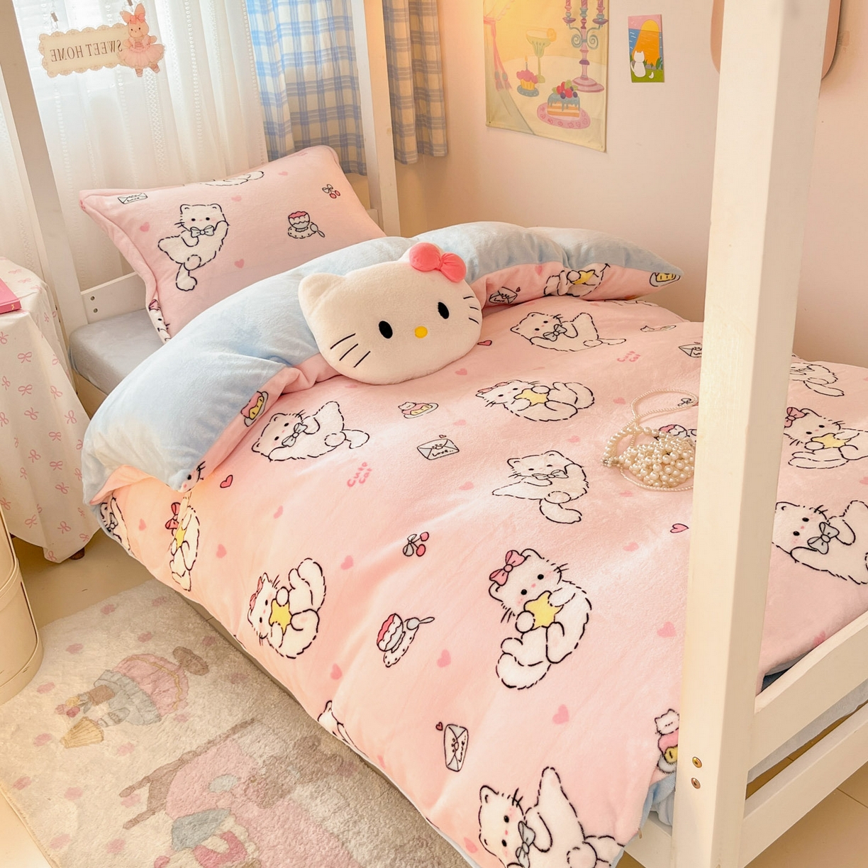 91家纺网 家纺一手货源 找家纺 川悦生活 2025新款加厚保暖高克重牛奶绒宿舍三件套 星心小猫蓝