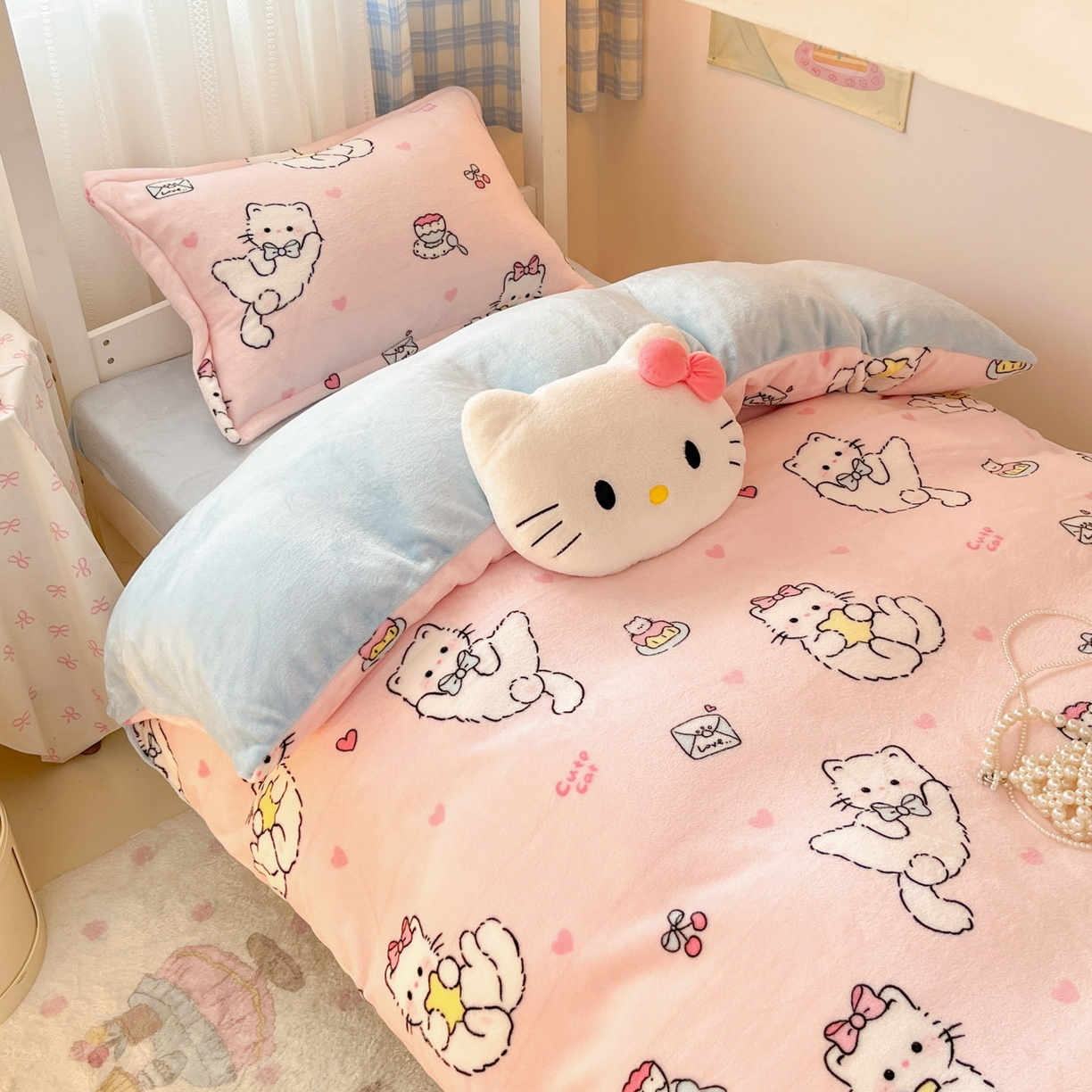 91家纺网 家纺一手货源 找家纺 川悦生活 2025新款加厚保暖高克重牛奶绒宿舍三件套 星心小猫蓝