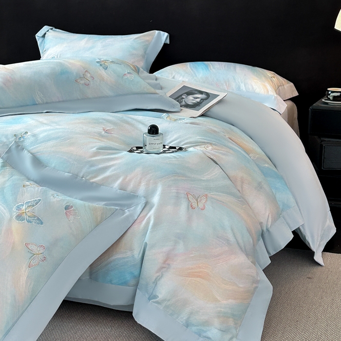 91家纺网 家纺一手货源 找家纺 博纳家纺 2025新款正宗3221纯棉磨毛全棉印绣拼角四件套-幻影 天蓝