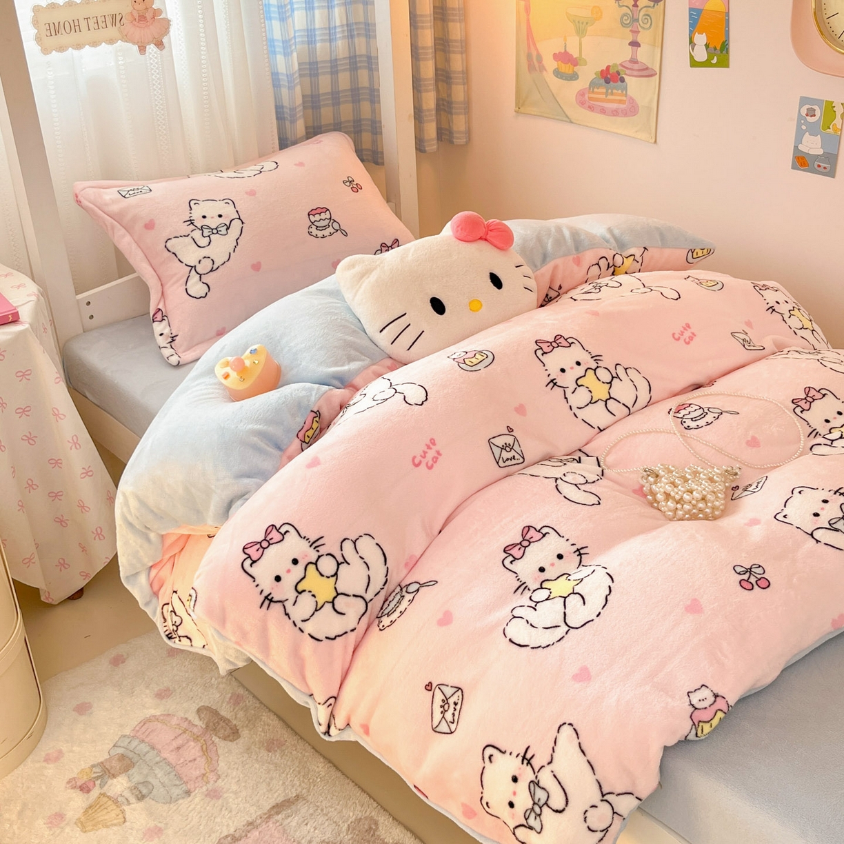 91家纺网 家纺一手货源 找家纺 川悦生活 2025新款加厚保暖高克重牛奶绒宿舍三件套 星心小猫蓝