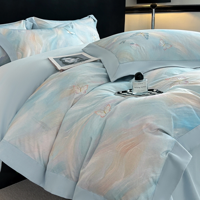 91家纺网 家纺一手货源 找家纺 博纳家纺 2025新款正宗3221纯棉磨毛全棉印绣拼角四件套-幻影 天蓝