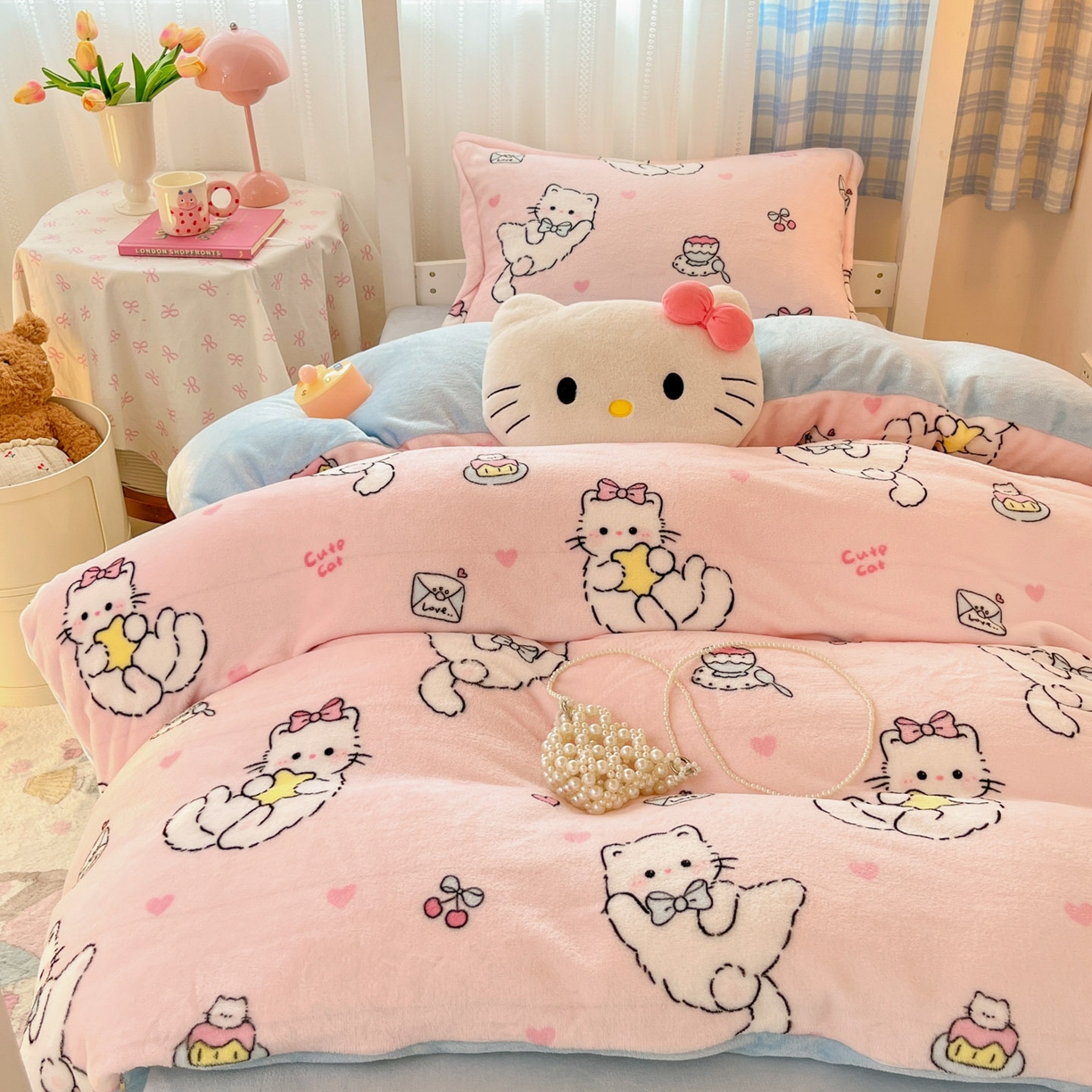 91家纺网 家纺一手货源 找家纺 川悦生活 2025新款加厚保暖高克重牛奶绒宿舍三件套 星心小猫蓝