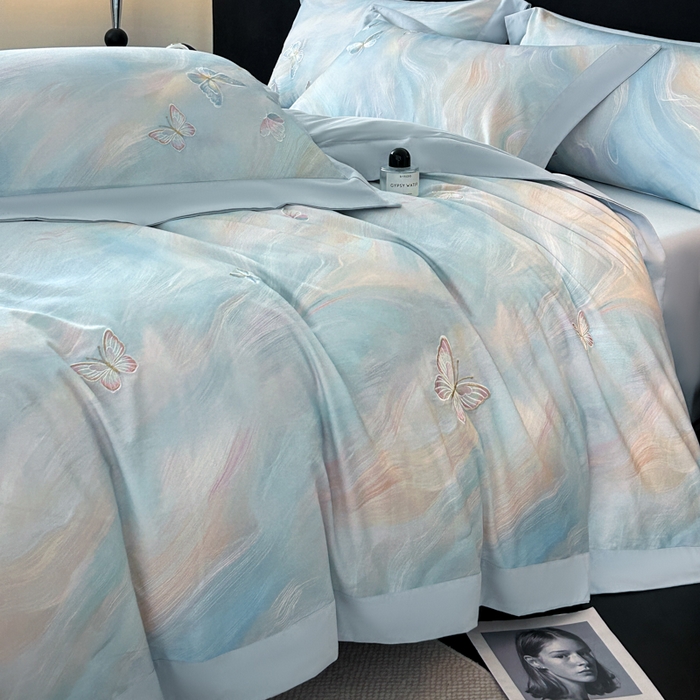 91家纺网 家纺一手货源 找家纺 博纳家纺 2025新款正宗3221纯棉磨毛全棉印绣拼角四件套-幻影 天蓝