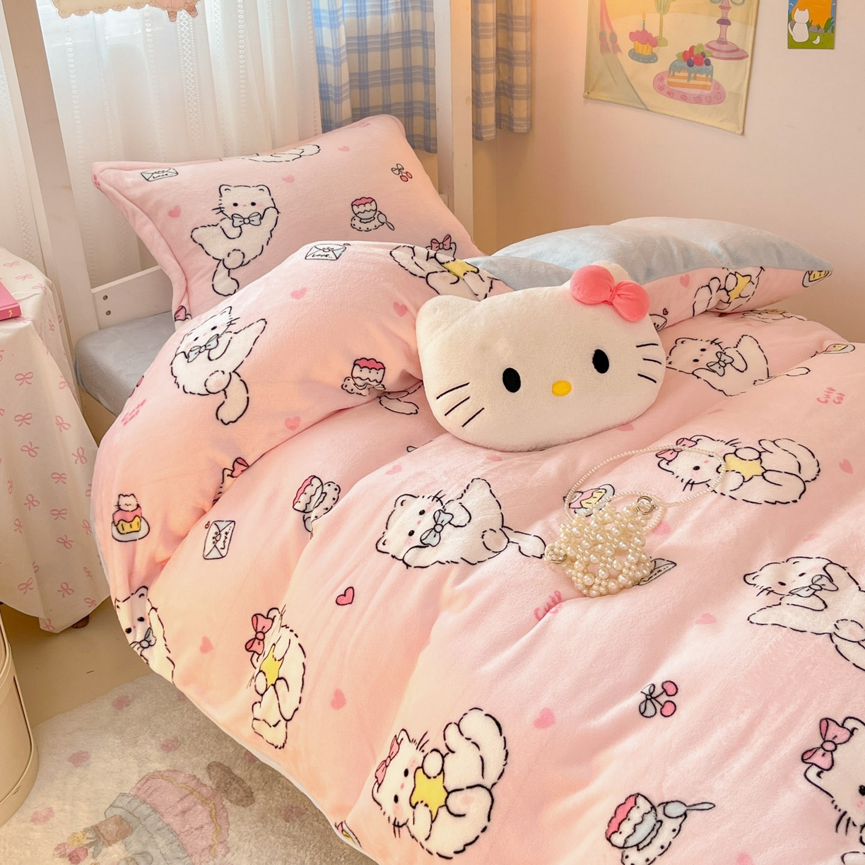 91家纺网 家纺一手货源 找家纺 川悦生活 2025新款加厚保暖高克重牛奶绒宿舍三件套 星心小猫蓝