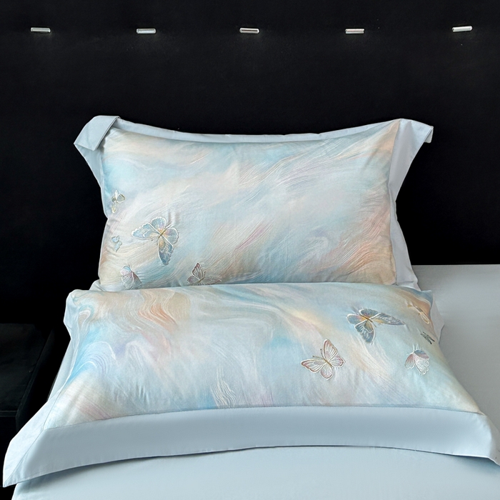 91家纺网 家纺一手货源 找家纺 博纳家纺 2025新款正宗3221纯棉磨毛全棉印绣拼角四件套-幻影 天蓝