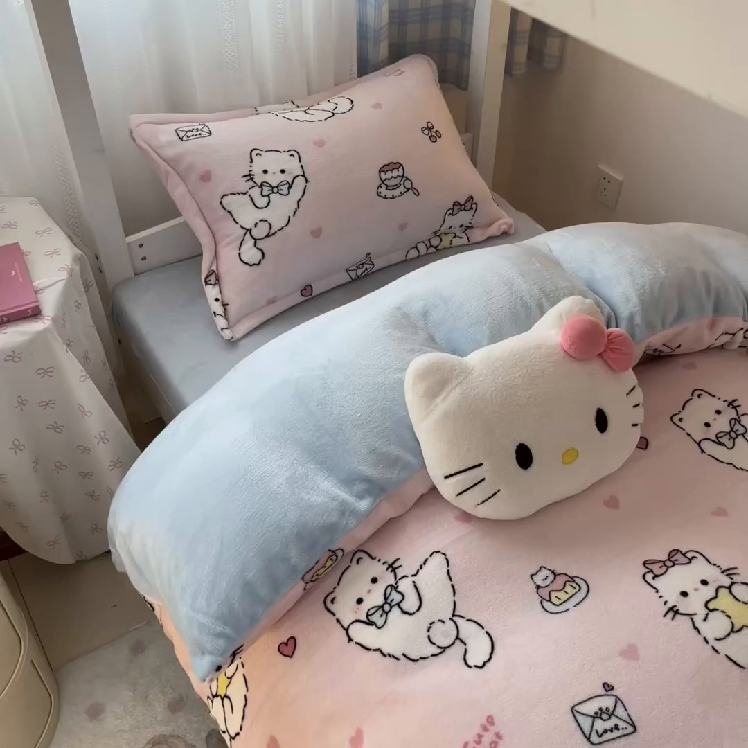 91家纺网 家纺一手货源 找家纺 川悦生活 2025新款加厚保暖高克重牛奶绒宿舍三件套 星心小猫蓝