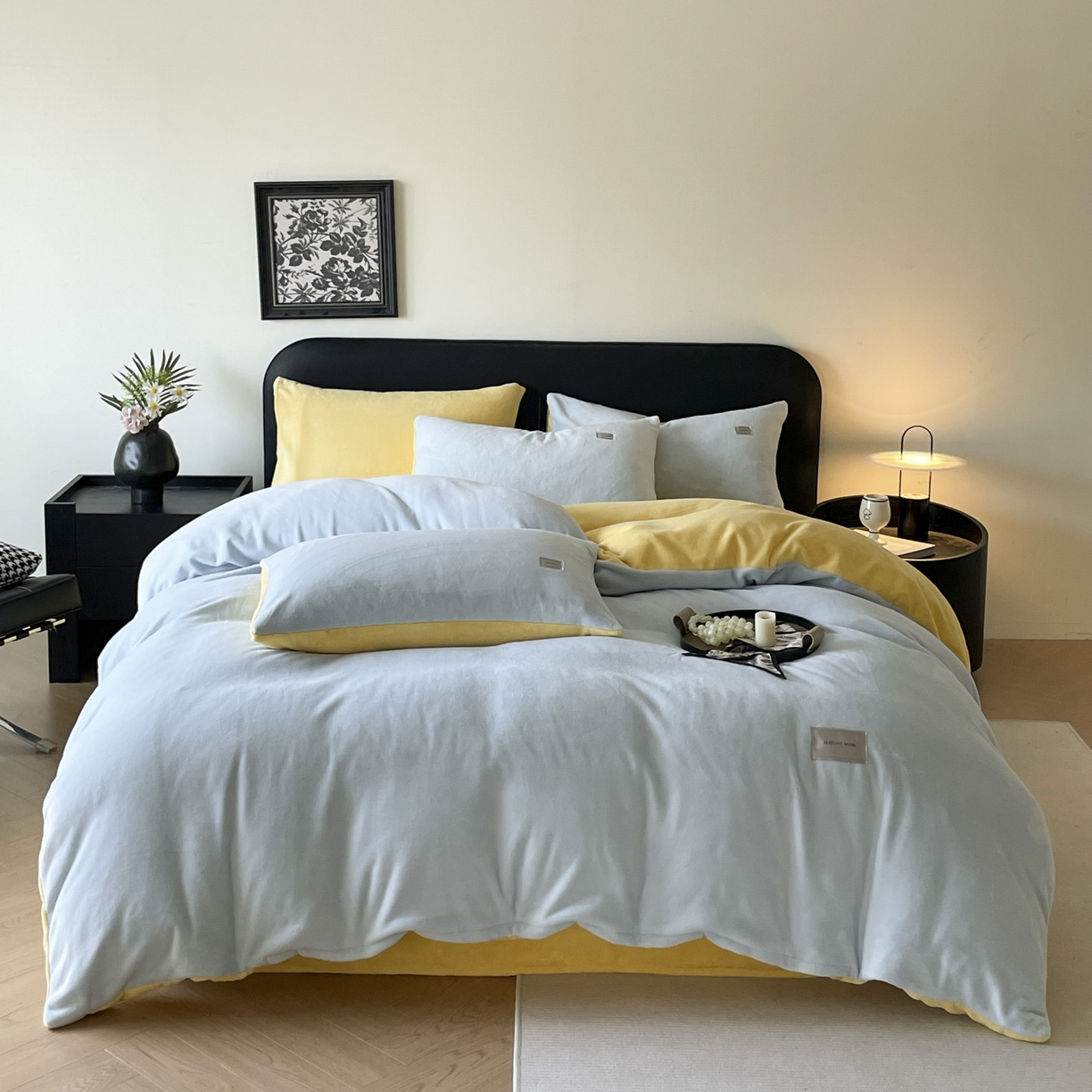 91家纺网 家纺一手货源 找家纺 ab家纺 2025新款保暖舒适纯色牛奶绒四件套 天空蓝柠檬黄