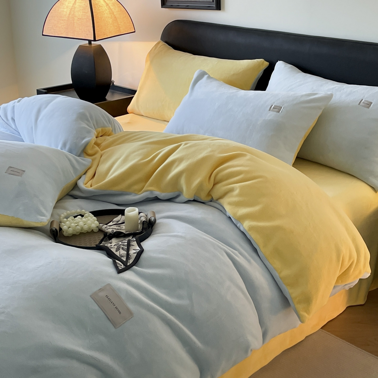 91家纺网 家纺一手货源 找家纺 ab家纺 2025新款保暖舒适纯色牛奶绒四件套 天空蓝柠檬黄