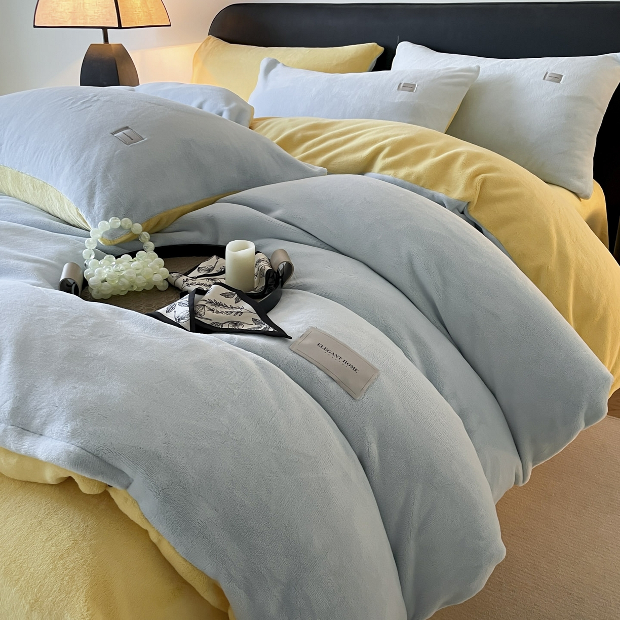 91家纺网 家纺一手货源 找家纺 ab家纺 2025新款保暖舒适纯色牛奶绒四件套 天空蓝柠檬黄