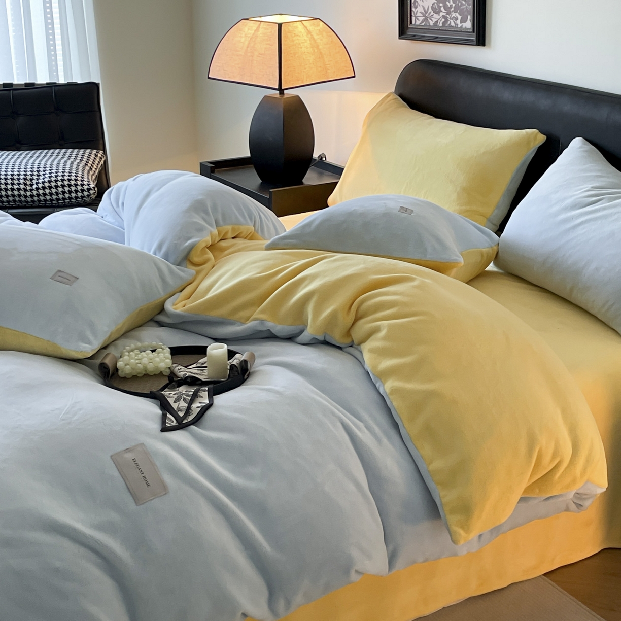 91家纺网 家纺一手货源 找家纺 ab家纺 2025新款保暖舒适纯色牛奶绒四件套 天空蓝柠檬黄