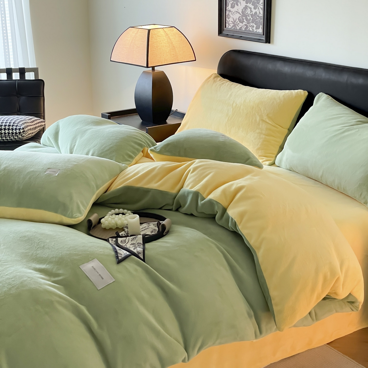 91家纺网 家纺一手货源 找家纺 ab家纺 2025新款保暖舒适纯色牛奶绒四件套 橄榄绿柠檬黄