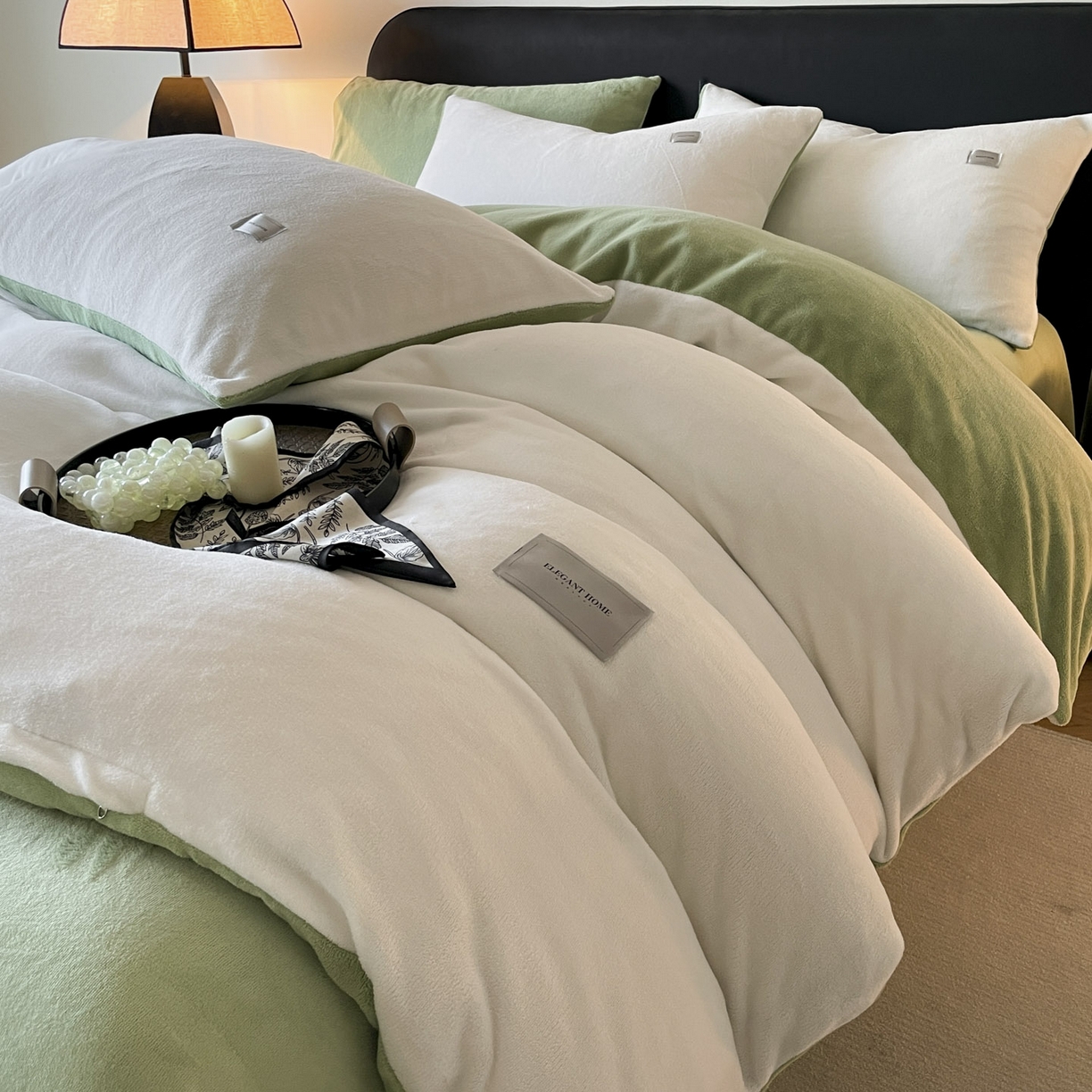 91家纺网 家纺一手货源 找家纺 ab家纺 2025新款保暖舒适纯色牛奶绒四件套 米月白橄榄绿