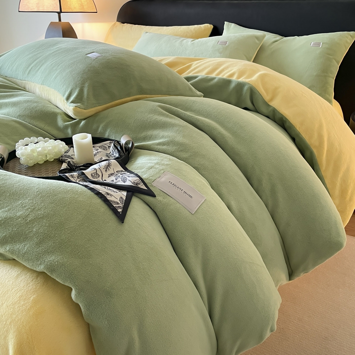 91家纺网 家纺一手货源 找家纺 ab家纺 2025新款保暖舒适纯色牛奶绒四件套 橄榄绿柠檬黄