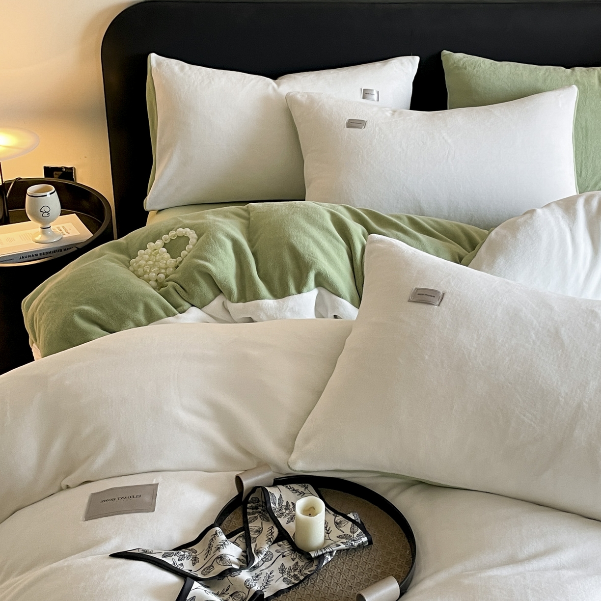 91家纺网 家纺一手货源 找家纺 ab家纺 2025新款保暖舒适纯色牛奶绒四件套 米月白橄榄绿