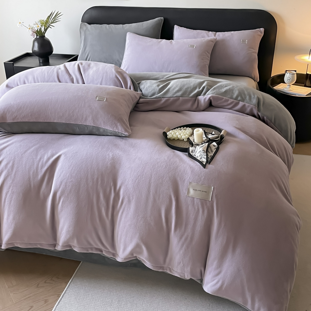 91家纺网 家纺一手货源 找家纺 ab家纺 2025新款保暖舒适纯色牛奶绒四件套 香芋柴深灰