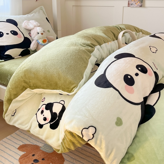 川悦生活 2025新款加厚保暖高克重牛奶绒宿舍三件套 熊猫乐园