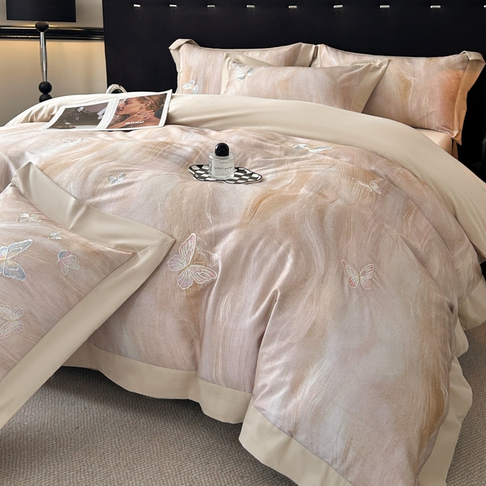 91家纺网 家纺一手货源 找家纺 博纳家纺 2025新款正宗3221纯棉磨毛全棉印绣拼角四件套-幻影 香槟